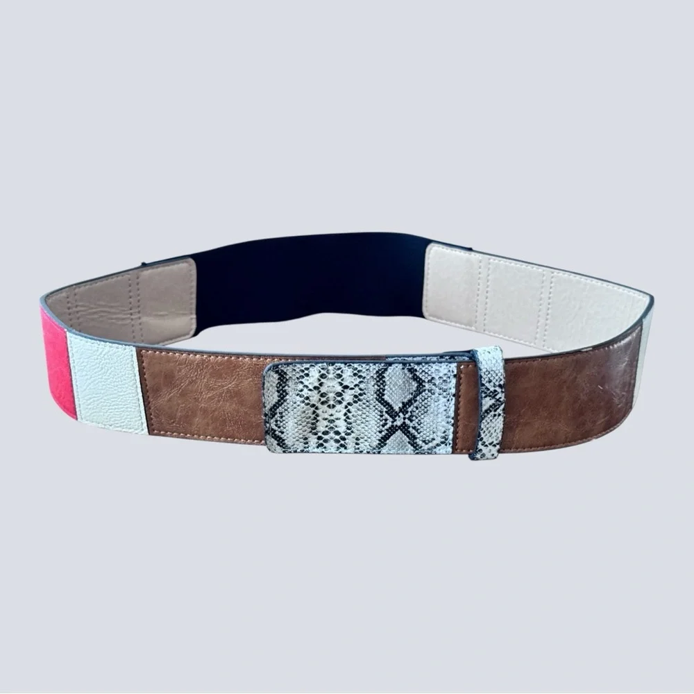 The Limited Wide Stretch Belt Sz M Colorblock Red Brown Snakeskin Elastic Waist